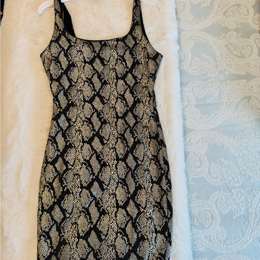 Gold and Black Snakeskin Print Square Neck Bodycon Mini Dress